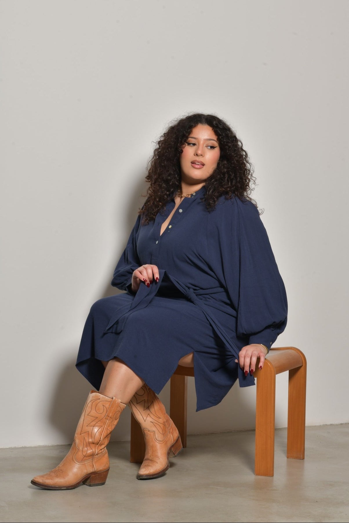Robe midi ESMERALDA bohème col lavallière - Grande taille 44-58
