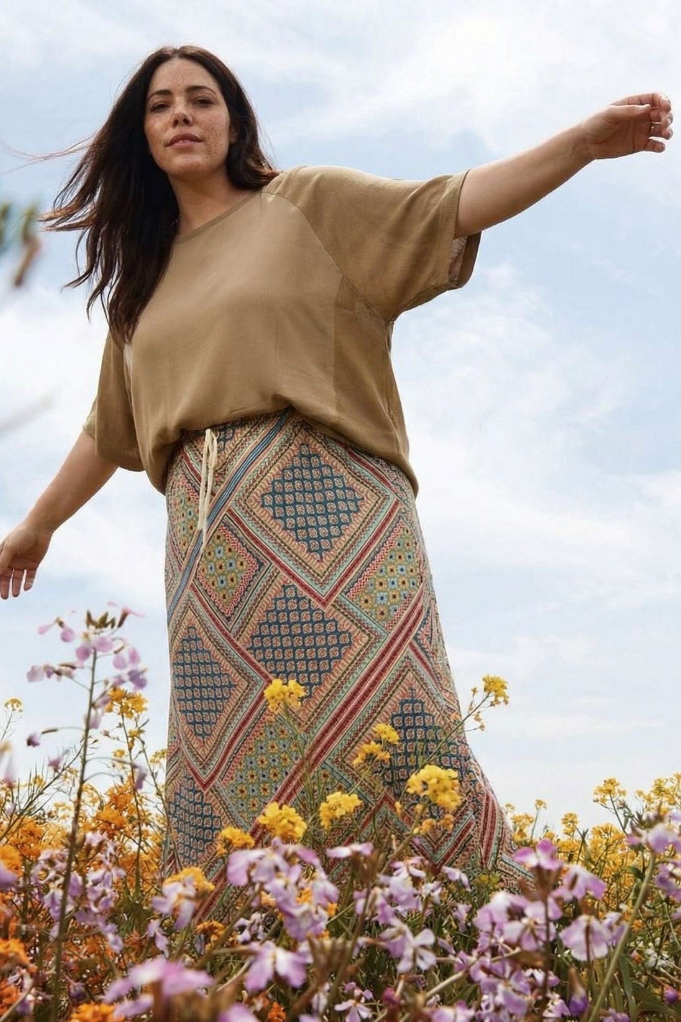 Jupe longue SAPHIRA fluide élégante taille haute - Grande taille 44-58