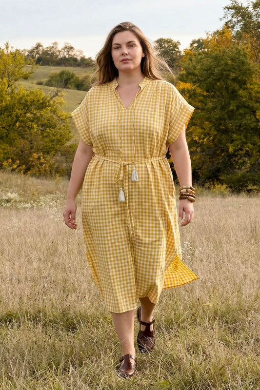 Robe midi WIDE fluide à carreaux vichy - Grande taille 44-58
