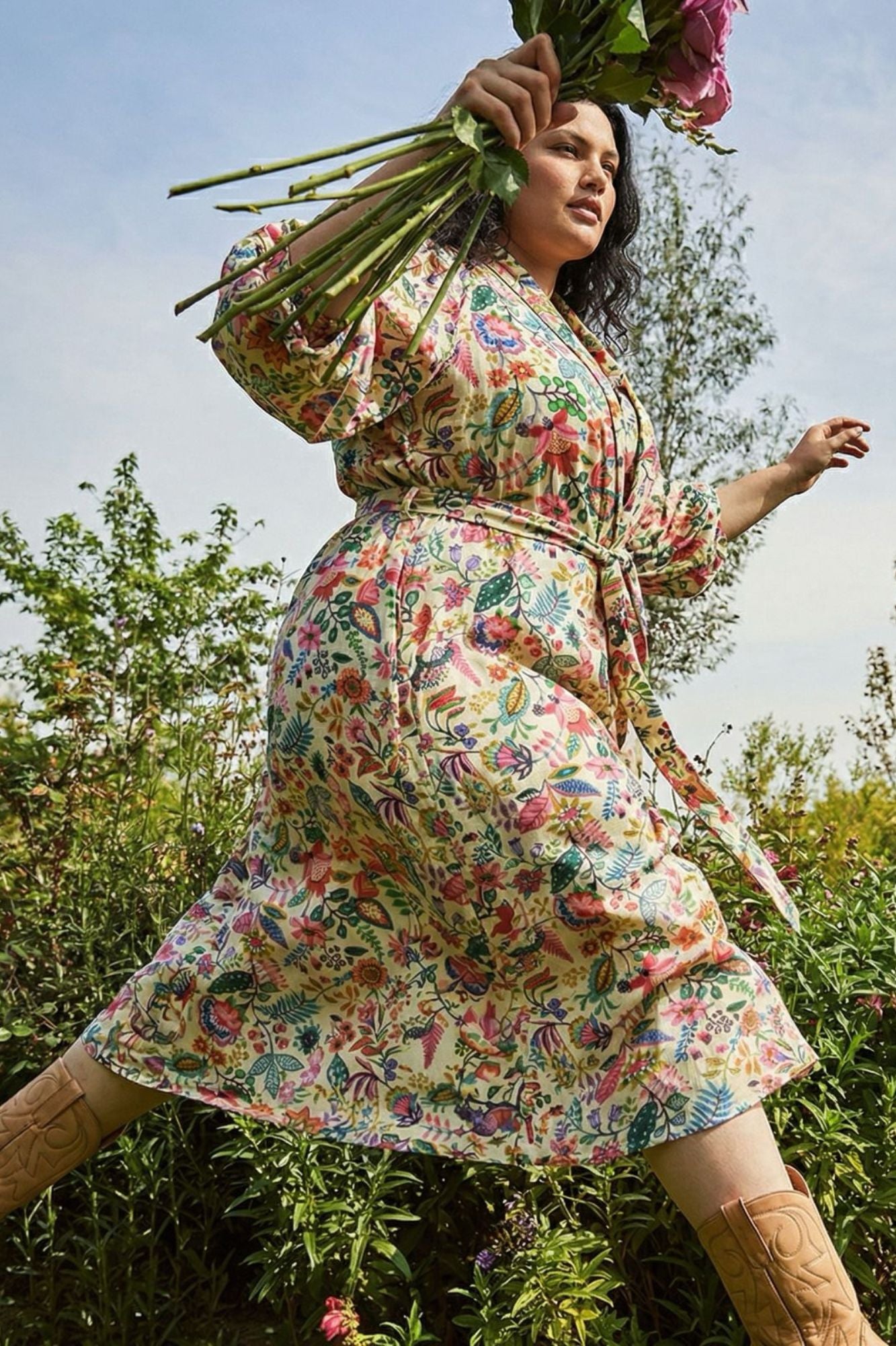 Robe midi ESMERALDA bohème col lavallière - Grande taille 44-58