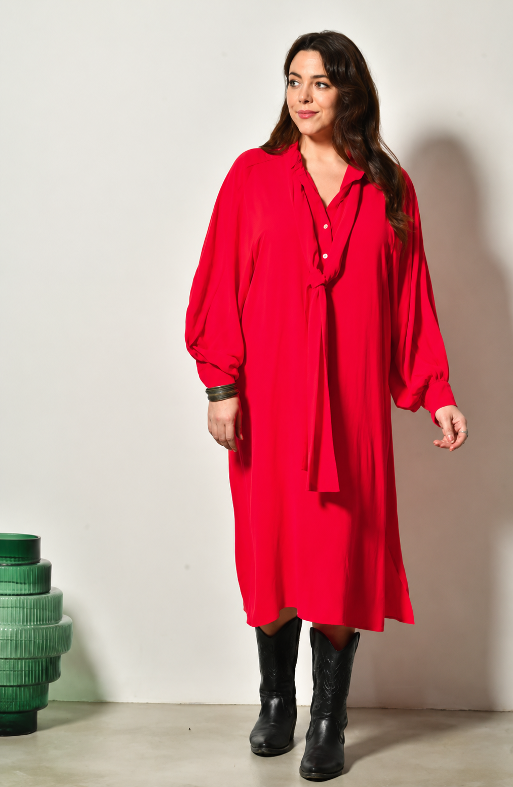 Robe midi ESMERALDA bohème col lavallière - Grande taille 44-58