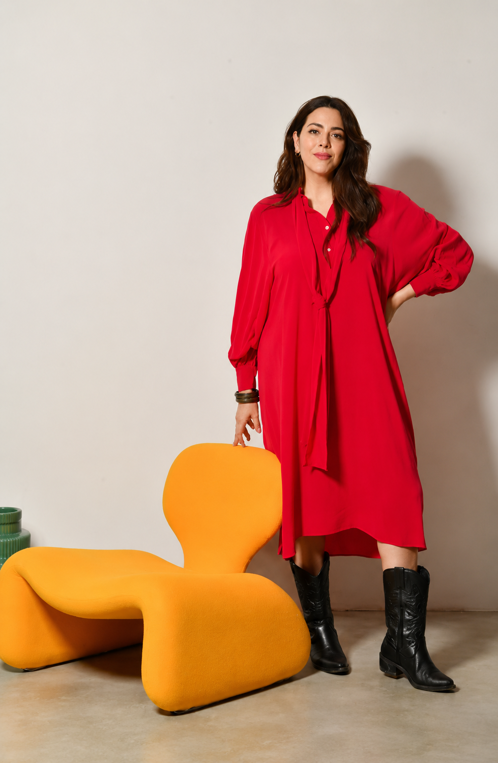 Robe midi ESMERALDA bohème col lavallière - Grande taille 44-58