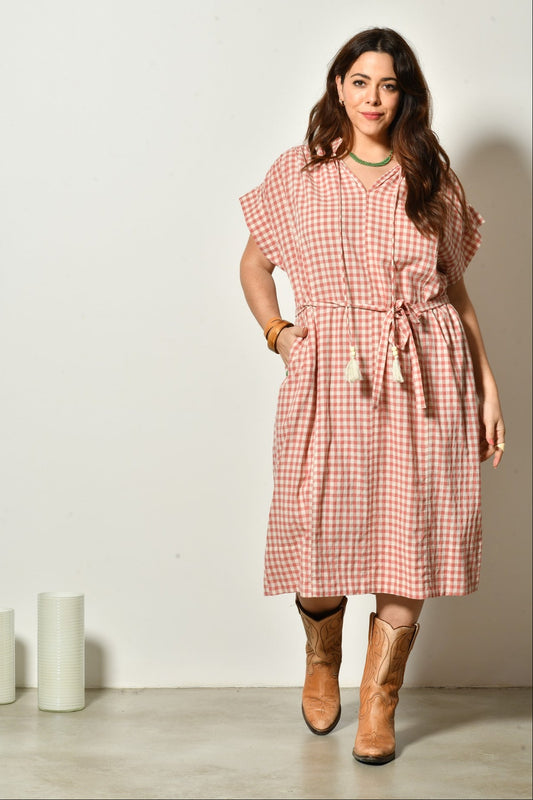 Robe midi WIDE fluide à carreaux vichy - Grande taille 44-58
