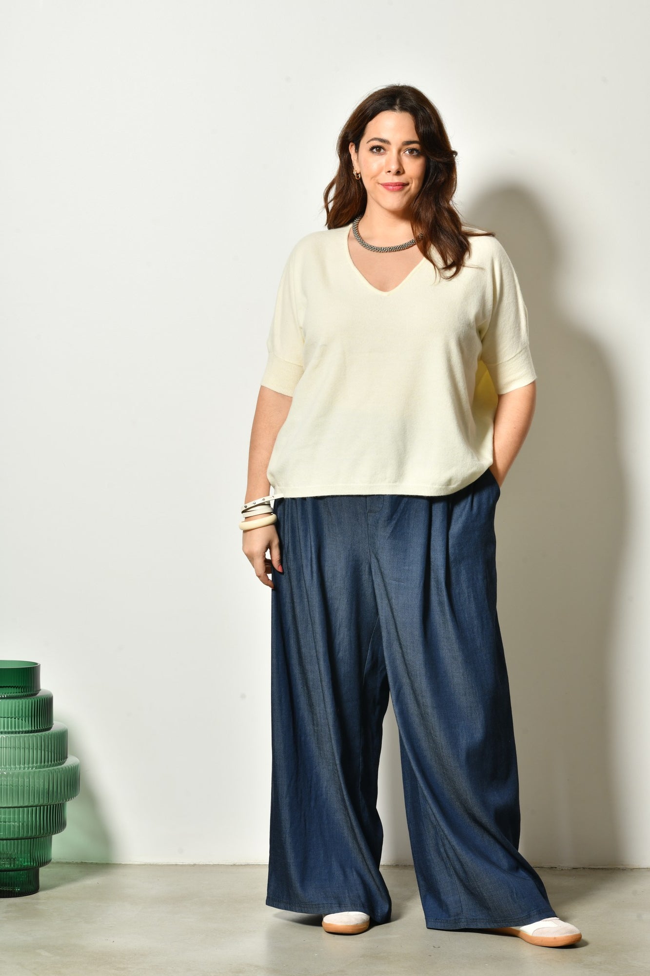 Pull manches courtes SKY maille fine col V - Grande taille 44-58