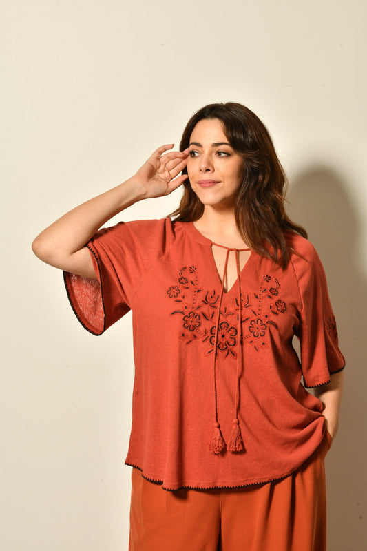 T-shirt NYMPHE brodé coton coupe droite - Grande taille 44-58