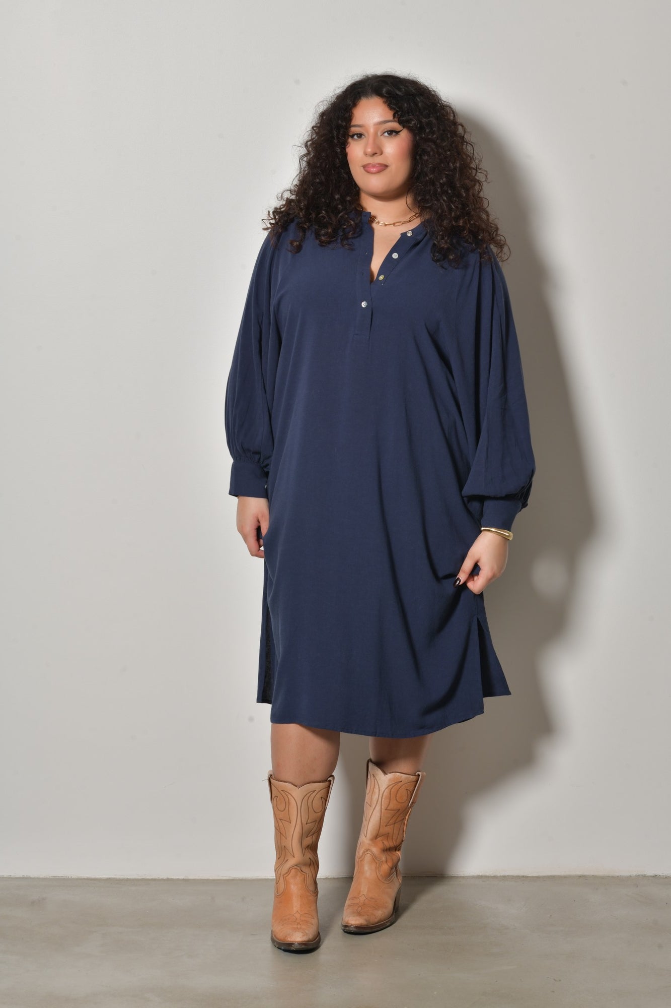 Robe midi ESMERALDA bohème col lavallière - Grande taille 44-58