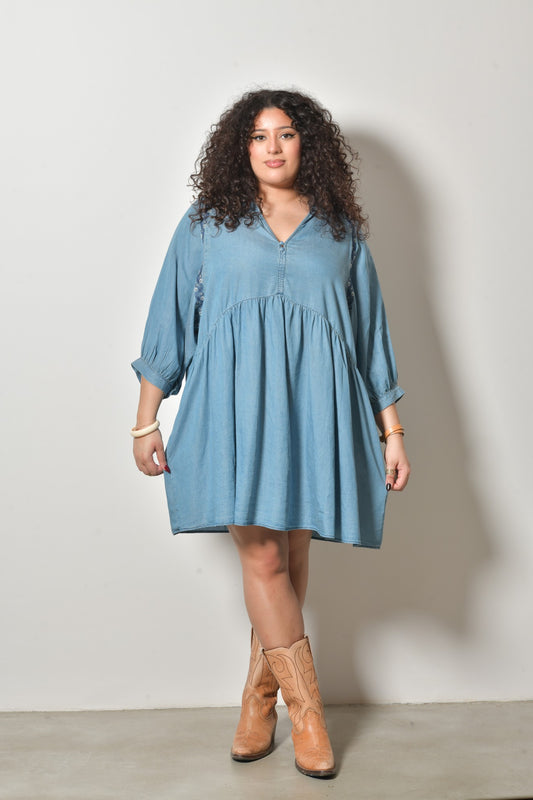Robe brodée CHRYSALIDE fluide - Grande taille 44-58 - Denim