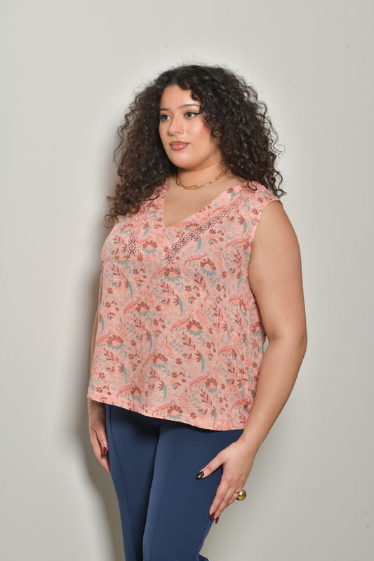 Top ISADORA col V sans manches fluide - Grande taille 44-58 rose fleuri